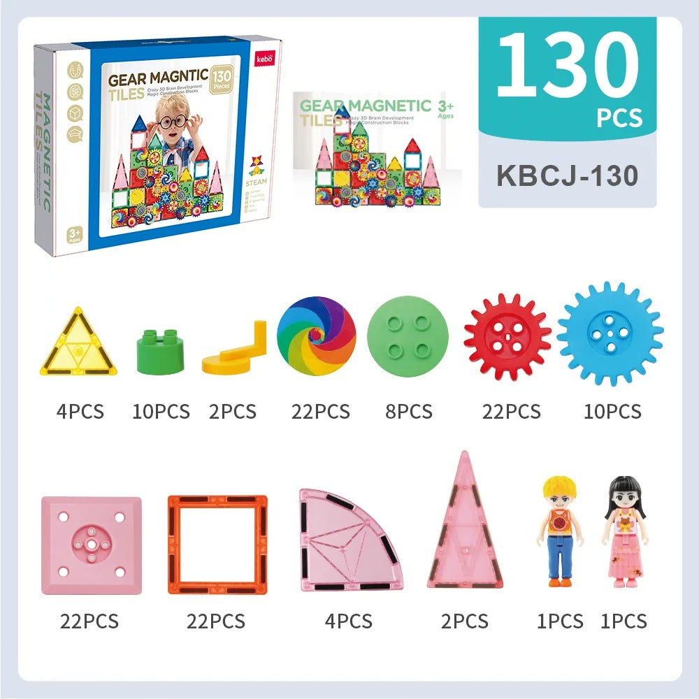 130 Pieces Magnetic Tiles with Gear Set